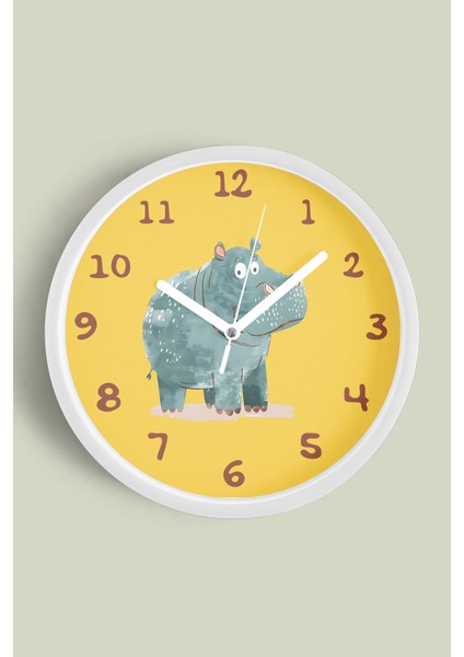 Sevimli Su Aygırı Çocuk Odası Duvar Saati - 25CM - Önü Camlı Beyaz Kasa - Sessiz Mekanizma