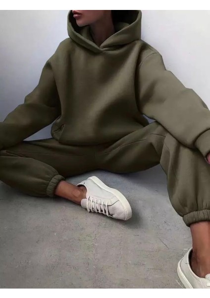 Punıx Büyük Beden Özel Seri Kapüşonlu Düz Renk %100 Pamuk Trend Kışlık Oversize Kadın Eşofman Takımı