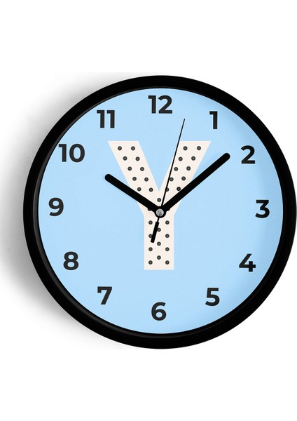 Y Harfi Erkek Odası Duvar Saati - 42CM - Önü Camlı Siyah Kasa - Sessiz Mekanizma