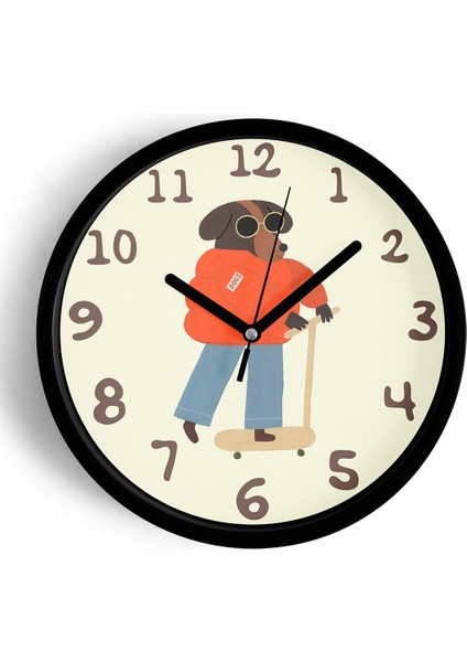 Kaykay Yapan Köpek Çocuk Odası Modern Duvar Saati - 25CM - Önü Camlı Siyah Kasa - Sessiz Mekanizma
