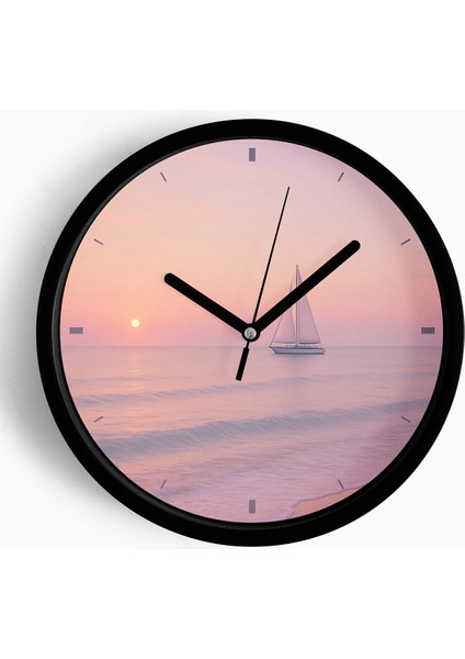 Soyut - Bohem - Doğa - Deniz Manzaralı Modern Duvar Saati - 25CM - Önü Camlı Siyah Kasa