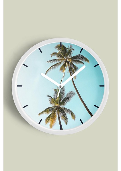 Palmiye Ağacı Modern Duvar Saati - 25CM - Önü Camlı Beyaz Kasa - Sessiz Mekanizma