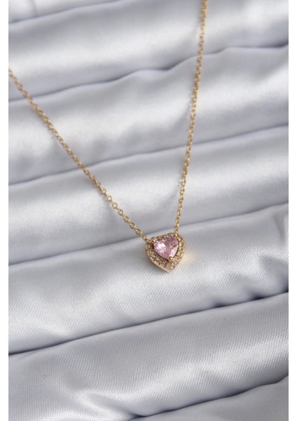 316L Çelik Zincir Gold Renk Pembe Zirkon Taşlı Charm Kadın Kolye