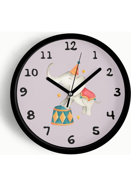 Sevimli Fil Çocuk Odası Duvar Saati - 42CM - Önü Camlı Siyah Kasa - Sessiz Mekanizma