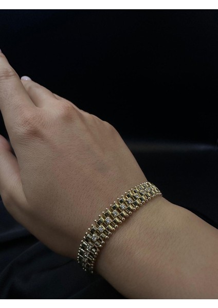 Kadın Zirkon Taşlı Kordon Tasarım Kuyumcu Işçiliği 14K Gold Renkli Bileklik Bilezik fiyatları