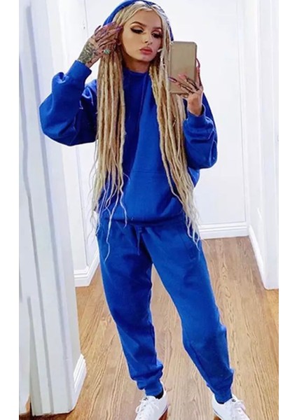 Punıx Büyük Beden Özel Seri Kapüşonlu Düz Renk %100 Pamuk Trend Kışlık Oversize Kadın Eşofman Takımı