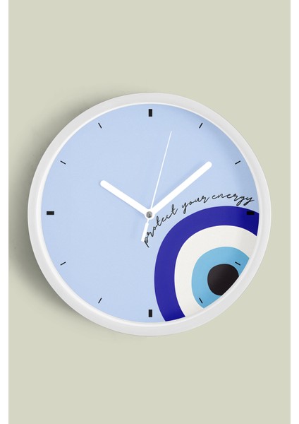 Nazar Boncuğu Modern Duvar Saati - 25CM - Önü Camlı Beyaz Kasa - Sessiz Mekanizma