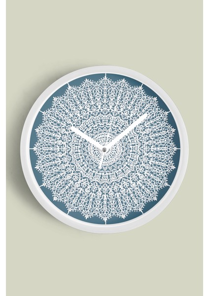 Mandala Tarzı Çiçek Çizimi Modern Duvar Saati - 25CM - Önü Camlı Beyaz Kasa - Sessiz Mekanizma