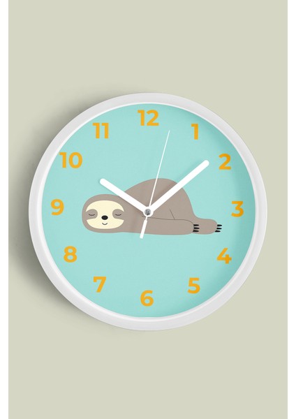 Sevimli Tembel Hayvan Tasarımlı Çocuk Odası Duvar Saati - 25CM - Önü Camlı Beyaz Kasa