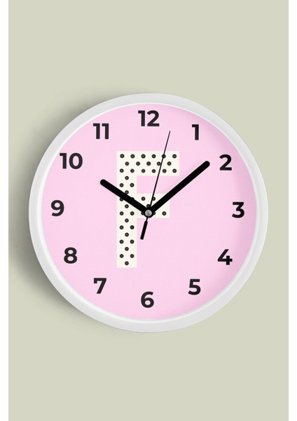 F Harfi Kız Odası Duvar Saati - 25CM - Önü Camlı Beyaz Kasa - Sessiz Mekanizma