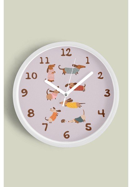 Sevimli Köpekler Modern Duvar Saati - Çocuk Odası Duvar Saati - 25CM - Önü Camlı Beyaz Kasa