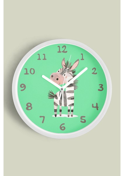 Sevimli Zebra Çocuk Odası Duvar Saati - 25CM - Önü Camlı Beyaz Kasa - Sessiz Mekanizma