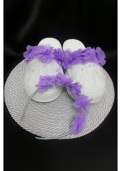 Lila Lohusa Terlik ve Taç ve Bebek Patik ve Bandana Seti – 4'lü Set - Lohusa Seti fiyatları
