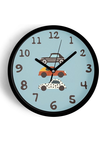 Arabalı Çocuk Odası Modern Duvar Saati - 25CM - Önü Camlı Siyah Kasa - Sessiz Mekanizma