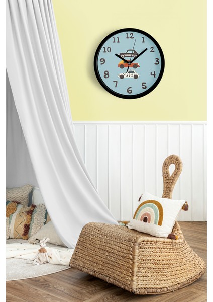 Arabalı Çocuk Odası Modern Duvar Saati - 25CM - Önü Camlı Siyah Kasa - Sessiz Mekanizma fiyatları