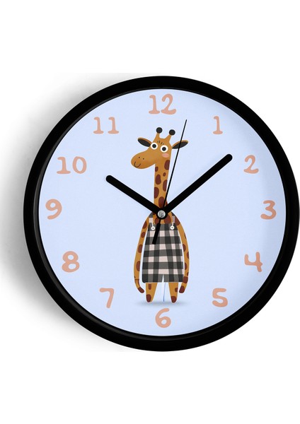 Sevimli Zürafa Çizimli Çocuk Odası Duvar Saati - 25CM - Önü Camlı Siyah Kasa - Sessiz Mekanizma