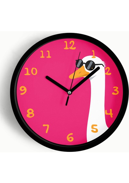 Güneş Gözlüklü Artist Kaz / Ördek Çocuk Odası Duvar Saati - 25CM - Önü Camlı Siyah Kasa