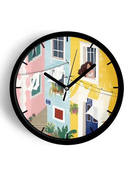 Penceredeki Kadın ve Renkli Evler Modern Duvar Saati - 25CM - Önü Camlı Siyah Kasa
