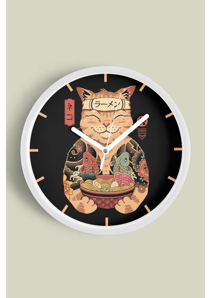 Kedi Ramen Modern Tasarım Duvar Saati - 25CM - Önü Camlı Beyaz Kasa - Sessiz Mekanizma
