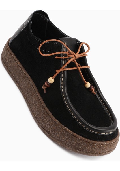 Polin Hakiki Deri Siyah Süet Bağcıklı Günlük Loafer Ayakkabı