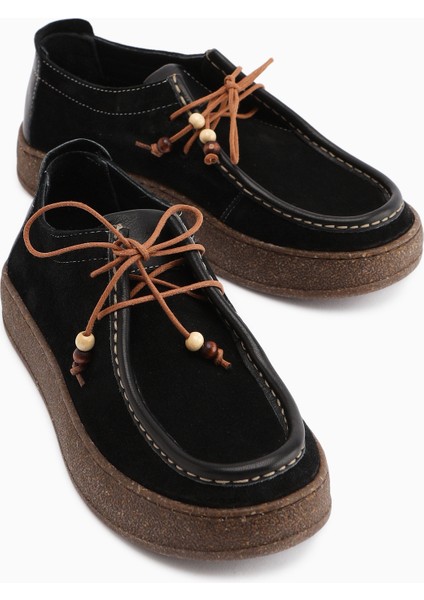 Polin Hakiki Deri Siyah Süet Bağcıklı Günlük Loafer Ayakkabı fırsatları