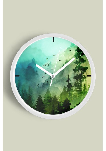Soyut Doğa Manzara Temalı Modern Duvar Saati - 25CM - Önü Camlı Beyaz Kasa - Sessiz Mekanizma