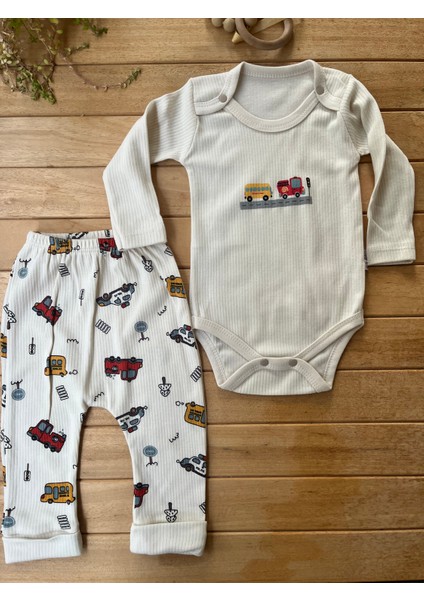 Erkek Bebek 2'li Takım Araba Baskılı Uzun Kollu Fitilli Kaşkorse Çıtçıtlı Body