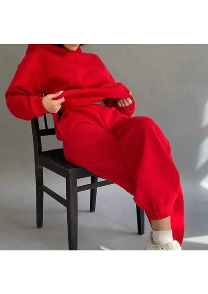 Punıx Büyük Beden Özel Seri Kapüşonlu Düz Renk %100 Pamuk Trend Kışlık Oversize Kadın Eşofman Takımı