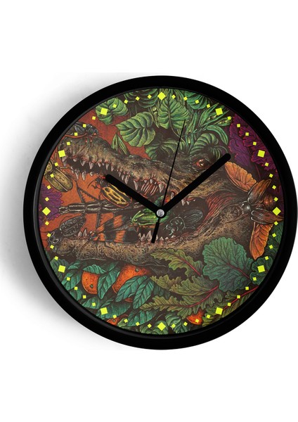 Soyut Doğa Timsah Temalı Modern Duvar Saati - 25CM - Önü Camlı Siyah Kasa - Sessiz Mekanizma