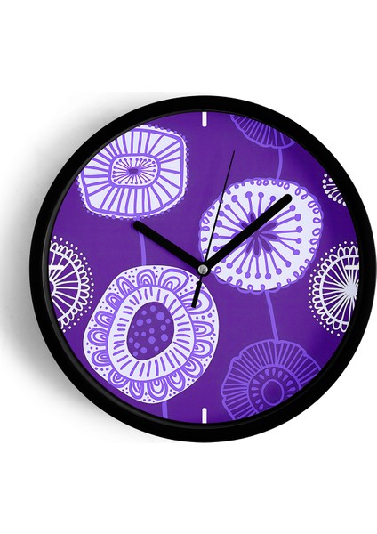 Soyut Çiçek Illüstrasyonlu Minimalist Modern Duvar Saati - 25CM - Önü Camlı Siyah Kasa