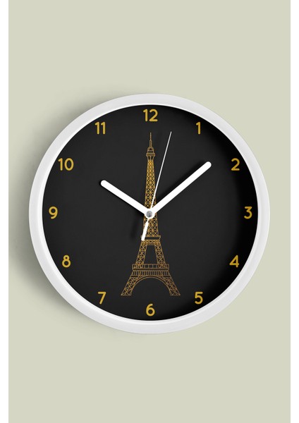Eyfel Kulesi Modern Duvar Saati - 25CM - Önü Camlı Beyaz Kasa - Sessiz Mekanizma