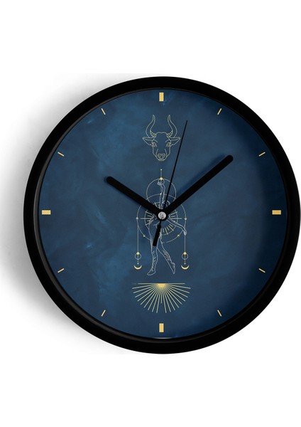 Boğa Burcu - Burçlar Modern Duvar Saati - 42CM - Önü Camlı Siyah Kasa - Sessiz Mekanizma