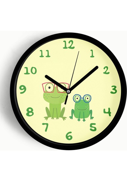 Gözlüklü Kurbağalar Çocuk Odası Duvar Saati - 25CM - Önü Camlı Siyah Kasa - Sessiz Mekanizma