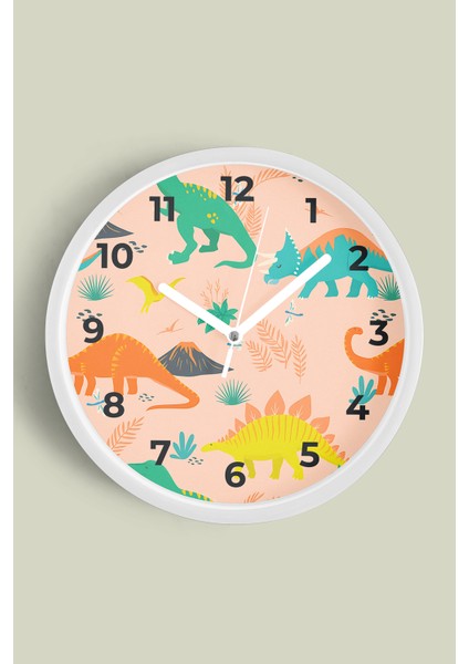 Renkli Dinozor Desenli Çocuk Odası Duvar Saati - 25CM - Önü Camlı Beyaz Kasa - Sessiz Mekanizma