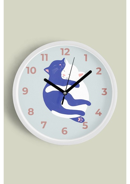 Sevimli Kediler - Ikiz Çocuk Odası Duvar Saati - 25CM - Önü Camlı Beyaz Kasa - Sessiz Mekanizma