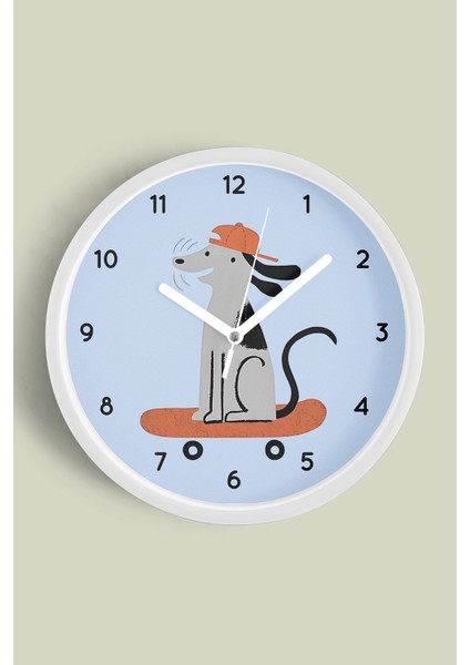 Kaykay Yapan Köpek Çocuk Odası Duvar Saati - 25CM - Önü Camlı Beyaz Kasa - Sessiz Mekanizma