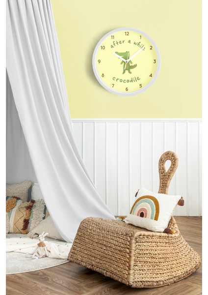 Sevimli Timsah Çocuk Odası Modern Duvar Saati - 25CM - Önü Camlı Beyaz Kasa - Sessiz Mekanizma fiyatları