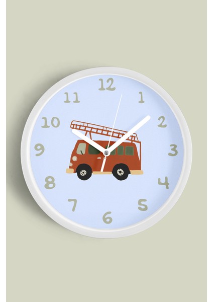 Kırmızı Itfaiye Aracı Çocuk Odası Duvar Saati - 25CM - Önü Camlı Beyaz Kasa - Sessiz Mekanizma
