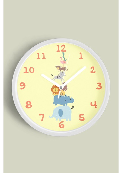 Sevimli Hayvanlar Modern Tasarım Çocuk Odası Duvar Saati - 25CM - Önü Camlı Beyaz Kasa