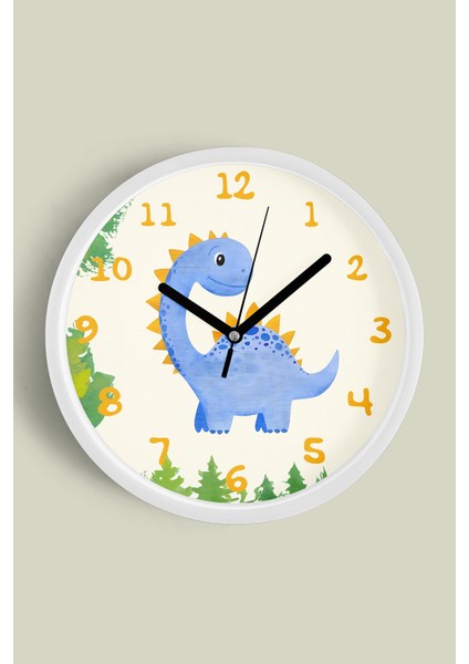 Sevimli Dinozor Çocuk Odası Duvar Saati - 25CM - Önü Camlı Beyaz Kasa - Sessiz Mekanizma