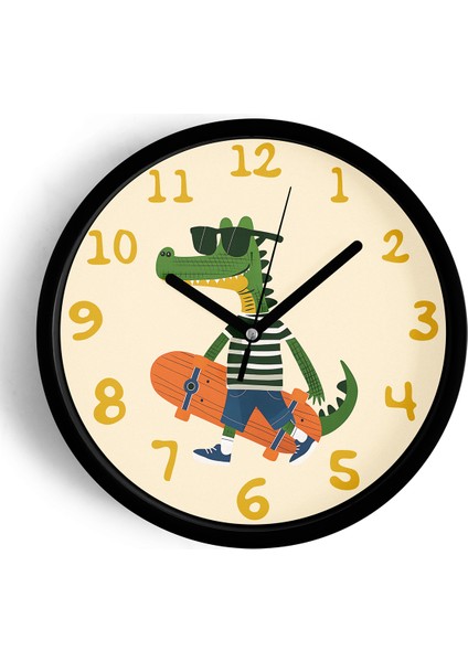 Kaykay Yapan Sevimli Timsah Çocuk Odası Modern Duvar Saati - 42CM - Önü Camlı Siyah Kasa
