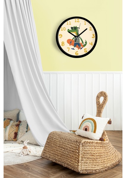 Kaykay Yapan Sevimli Timsah Çocuk Odası Modern Duvar Saati - 42CM - Önü Camlı Siyah Kasa fiyatları