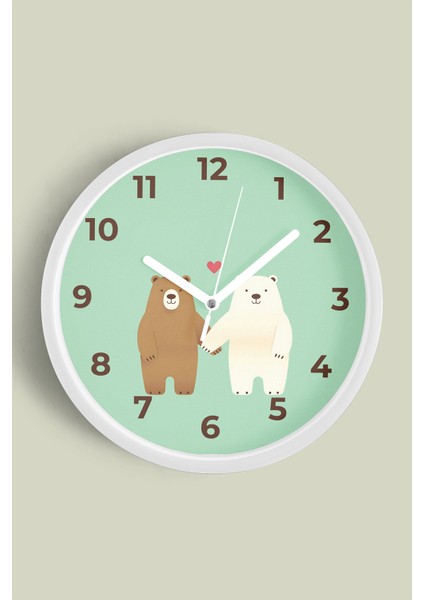 Sevgi Dolu Ayılar Çocuk Odası Duvar Saati - Ikiz Çocuklar - 25CM - Önü Camlı Beyaz Kasa