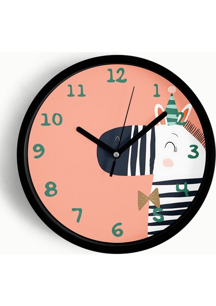 Süslü Zebra Çocuk Odası Duvar Saati - 42CM - Önü Camlı Siyah Kasa - Sessiz Mekanizma