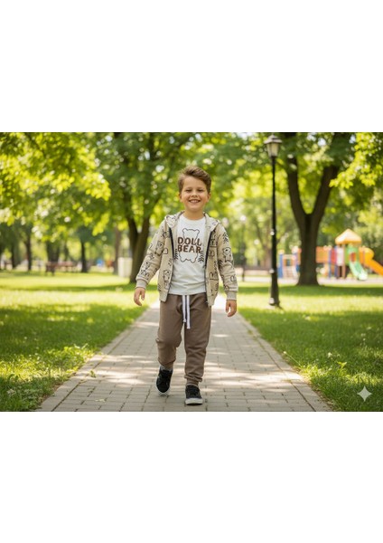 Erkek Çocuk Bej Kahve Ayıcık Desenli Hırkalı 3'lü Takım 3 Yaş