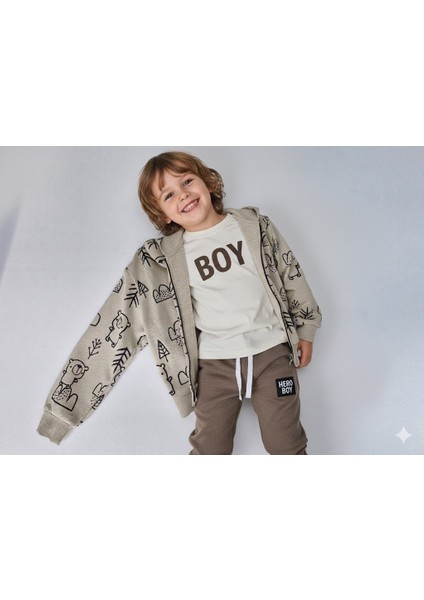 Erkek Çocuk Bej Kahve Ayıcık Desenli Hırkalı 3'lü Takım 3 Yaş modelleri