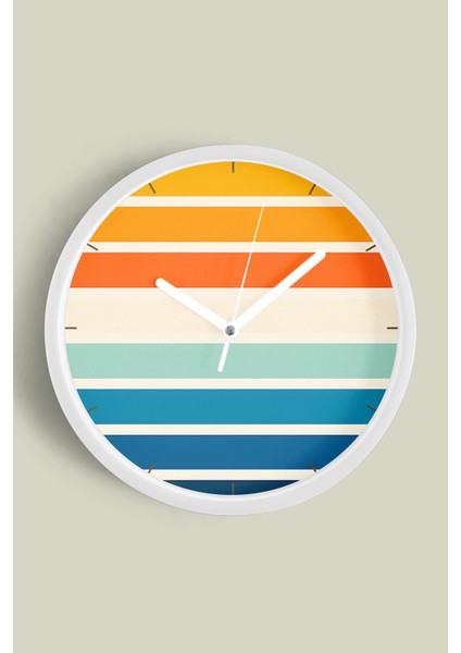Renkli Çizgili Modern Tasarım Duvar Saati - 25CM - Önü Camlı Beyaz Kasa - Sessiz Mekanizma