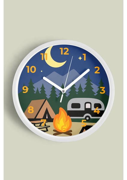 Karikatür Çizimi Kamp - Karavan Modern Çocuk Odası Duvar Saati - 25CM - Önü Camlı Beyaz Kasa