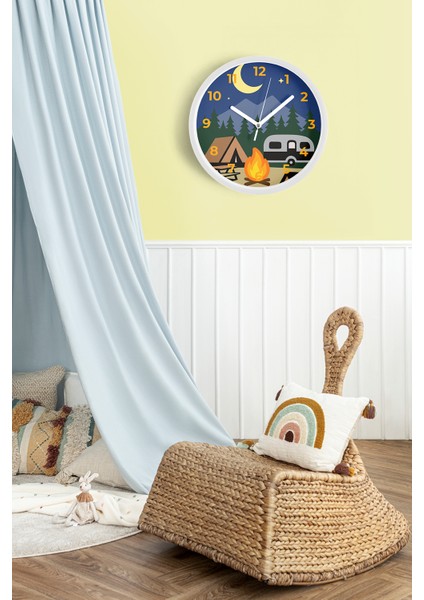 Karikatür Çizimi Kamp - Karavan Modern Çocuk Odası Duvar Saati - 25CM - Önü Camlı Beyaz Kasa fiyatları
