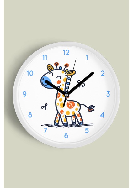 Sevimli Zürafa Çizimli Çocuk Odası Duvar Saati - 25CM - Önü Camlı Beyaz Kasa - Sessiz Mekanizma